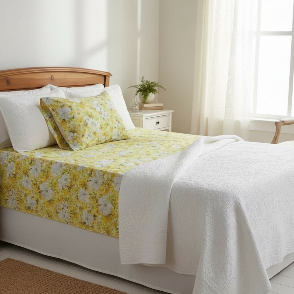 Vintage 70's Floral Print Double Flat Sheet & Pillow Case